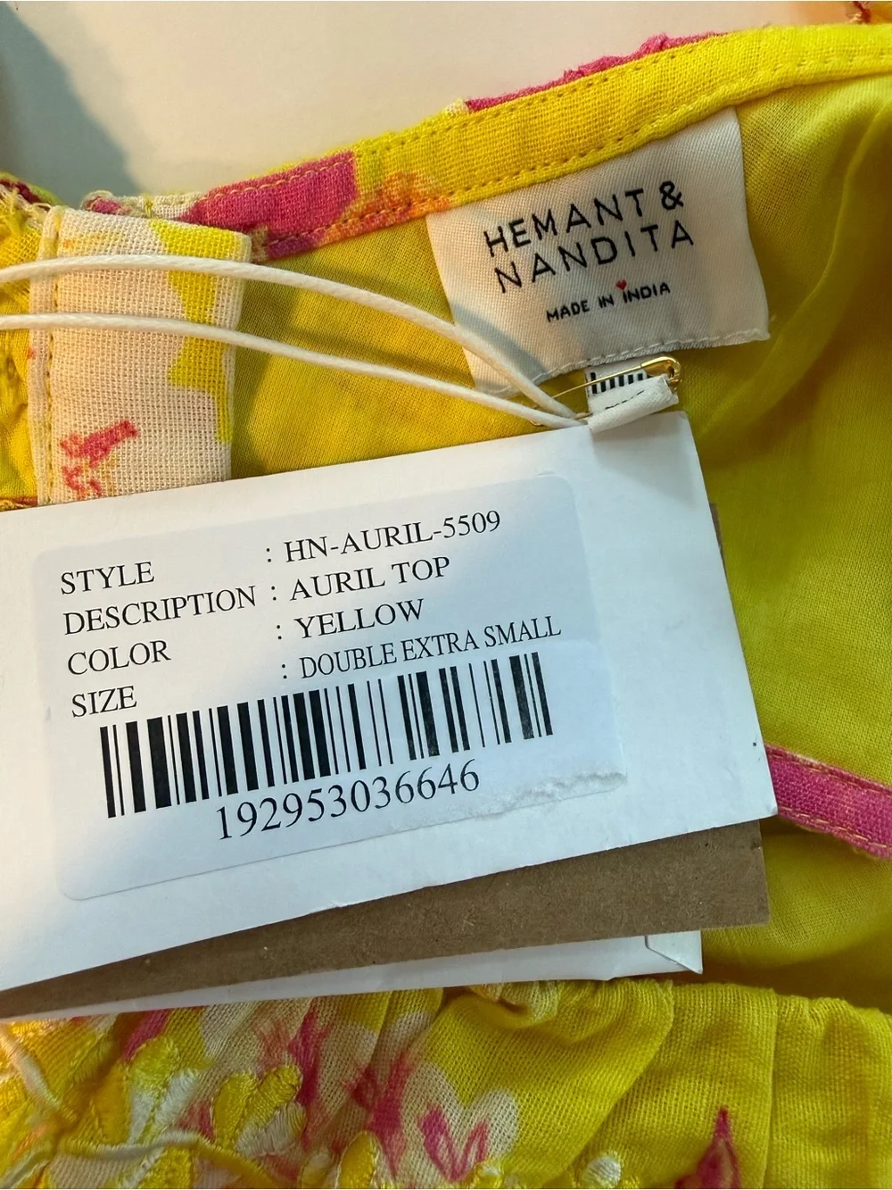 Hemant & Nandita Auril Floral Ruffle Crop Top NWT XXS Yellow Linen Retrofete